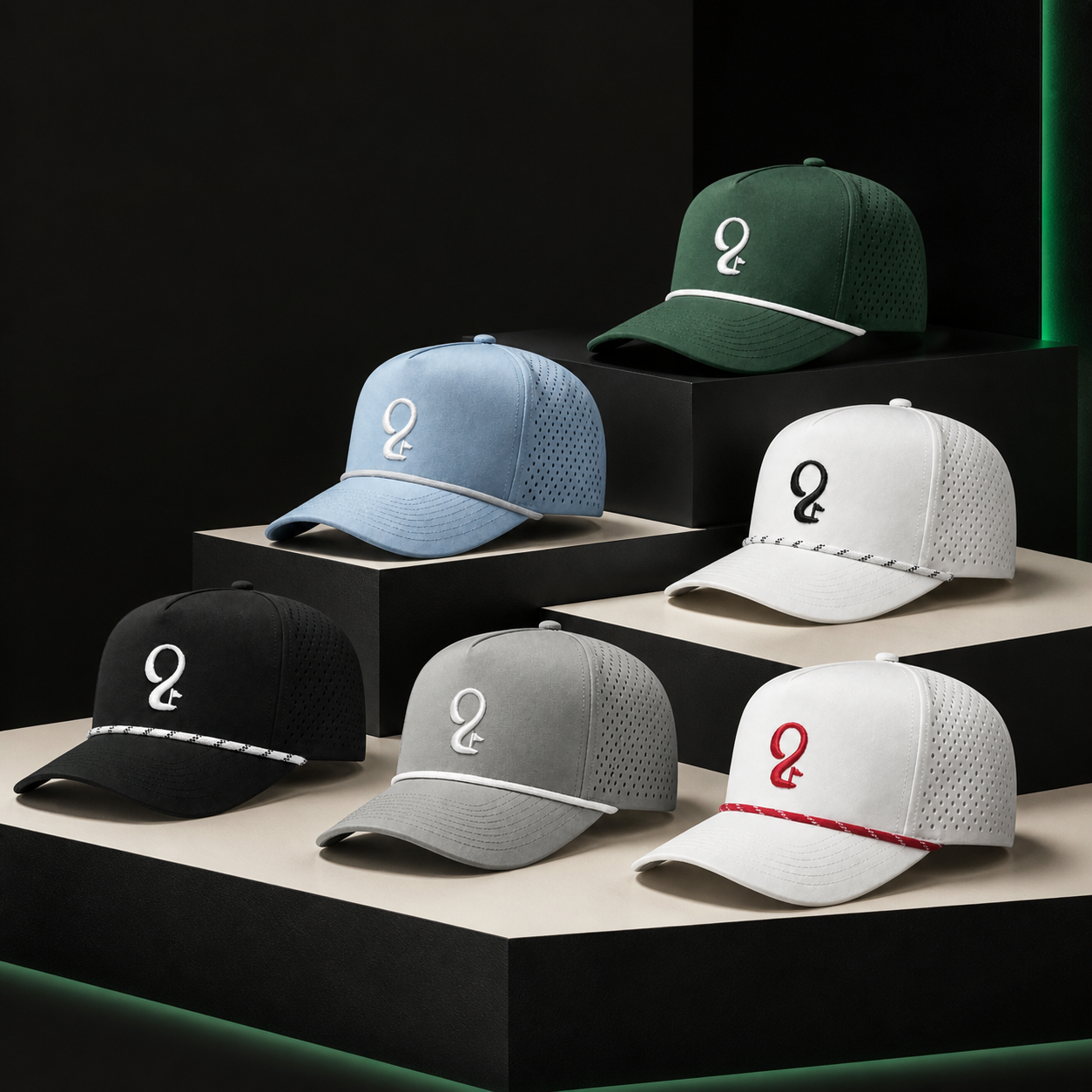 Six Turn 9 performance hats in the Drop 001 colorways