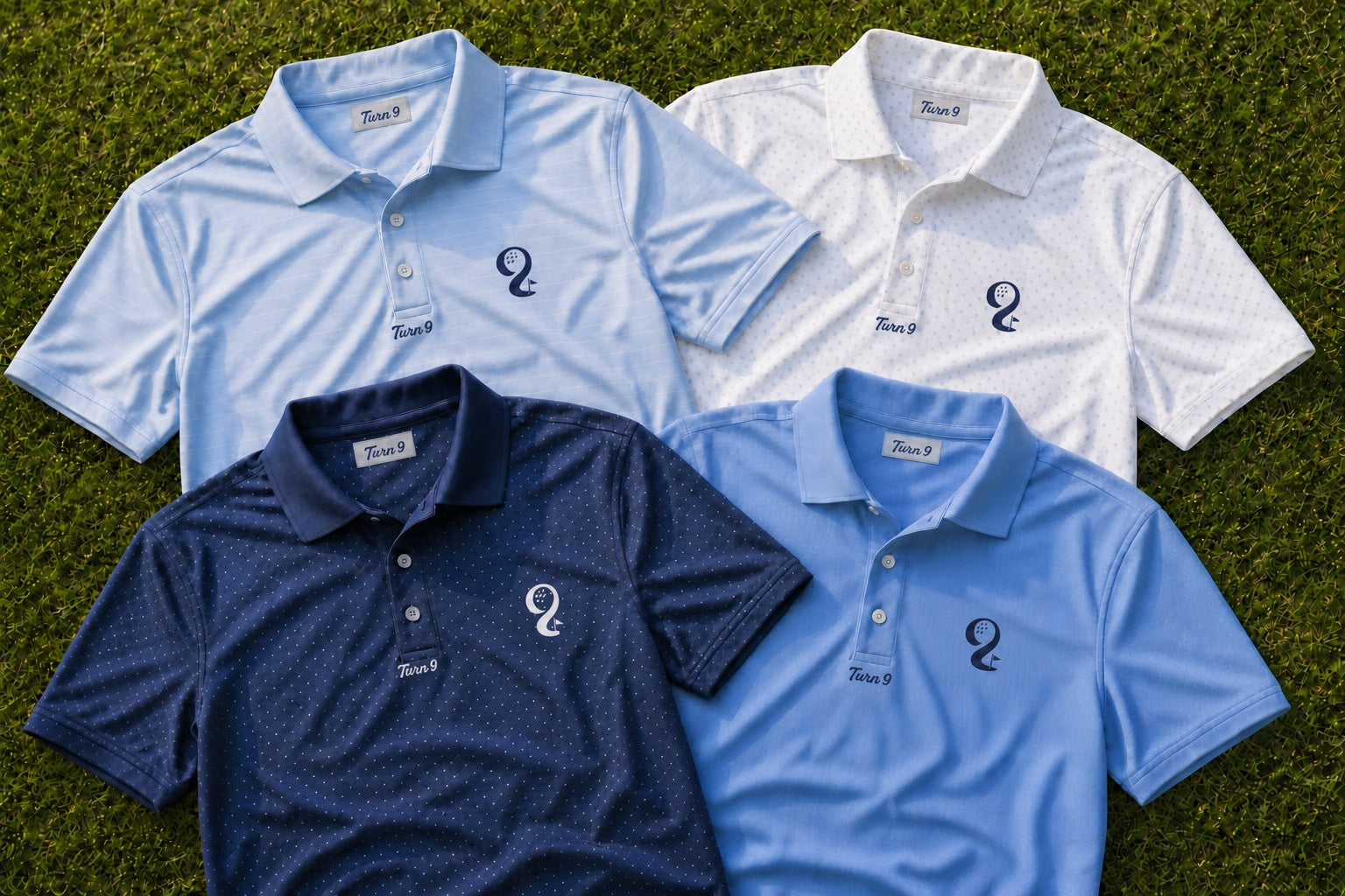 Turn 9 performance polos arranged on grass